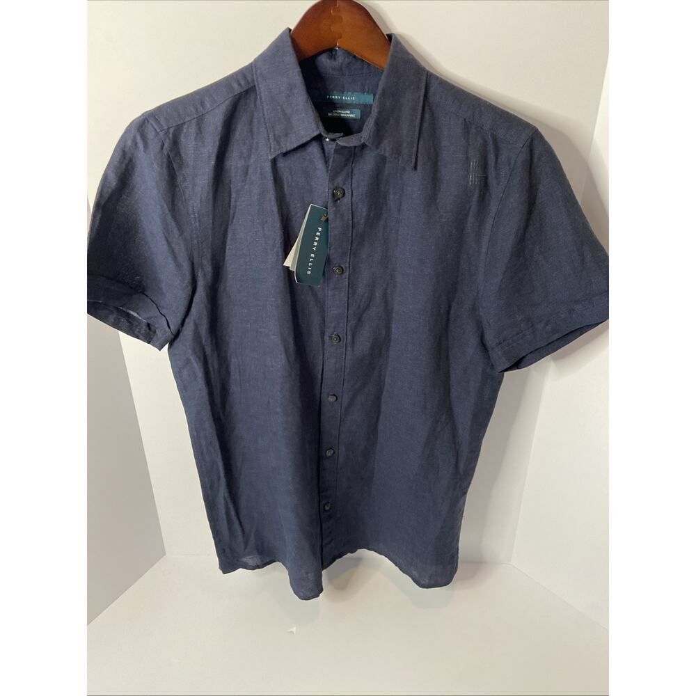 Perry Ellis Shirt Mens Small Blue Linen Blend Short Sleeve Button Up NWT